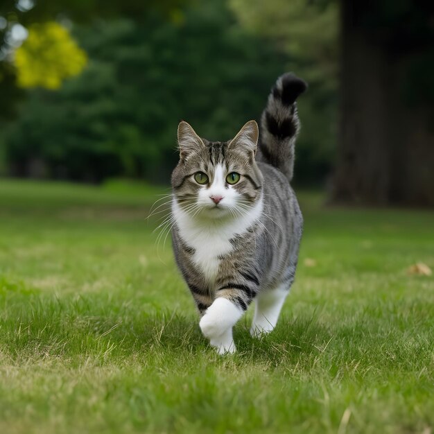 beautiful cat running in the field