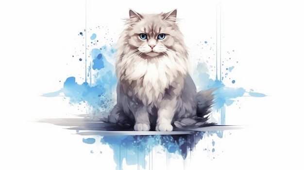 Beautiful cat with blue eyes Watercolor painting on white background