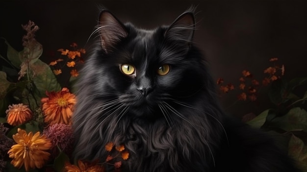 Beautiful cat with flowers on a black backgroundgenerative ai