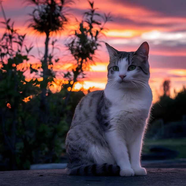 Beautiful cat with sunset and some tree