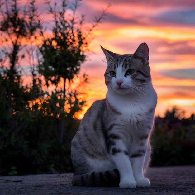 Beautiful cat with sunset and some tree