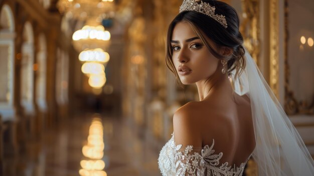 Beautiful caucasian bride wearing wedding dress in luxury classical style interior ai generated