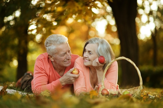 Beautiful caucasian elderly couple in the park in autumn