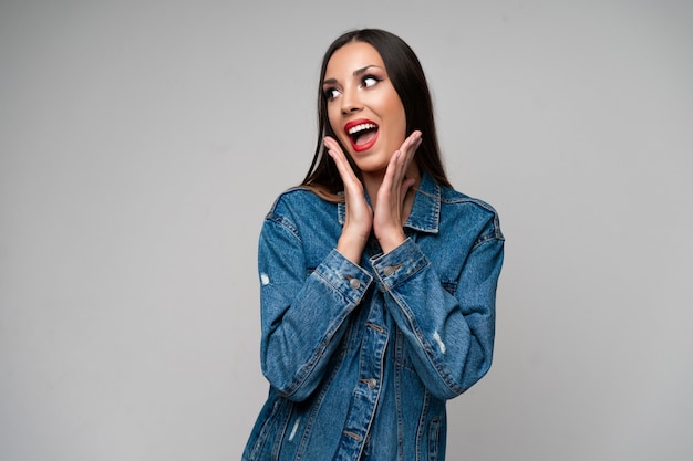 Beautiful caucasian girl denim jacket posing  