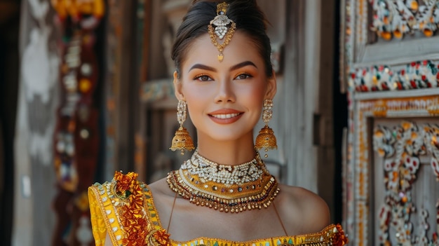 Beautiful caucasian woman in traditional Thai costume culture Beautiful asian woman with traditiona