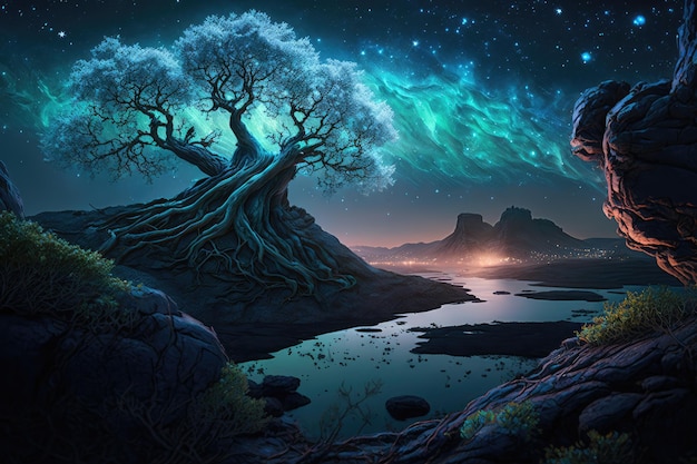 Beautiful celestial sky in dreamy fantasy with bright star in the sky over nature landscape