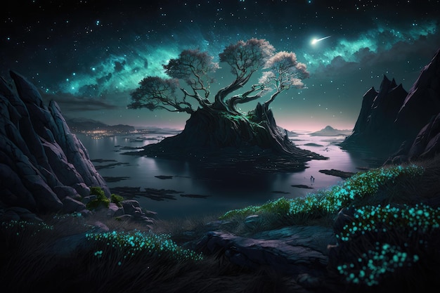 Beautiful celestial sky in dreamy fantasy with bright star in the sky over nature landscape