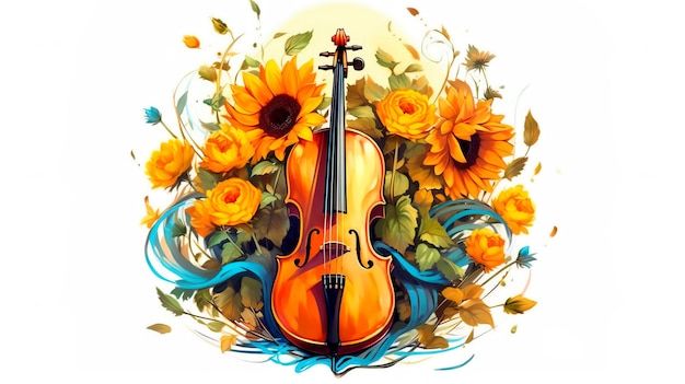 Beautiful cello is decorated with a bouquet of sunflowers Generative AI