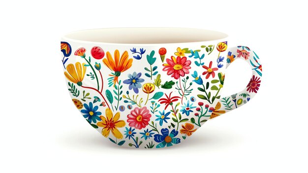 Photo a beautiful ceramic cup with a floral pattern the cup is white with a colorful floral pattern on the body and handle