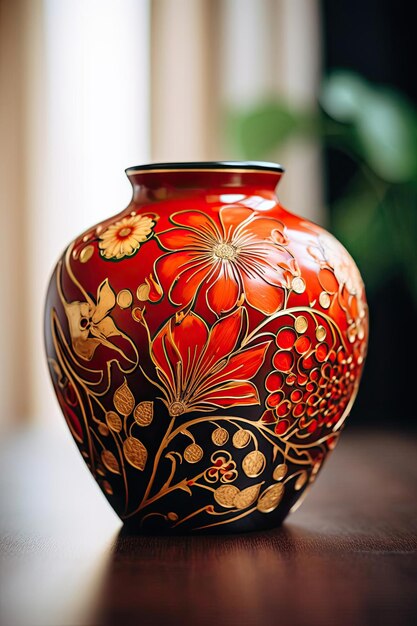 Photo a beautiful ceramic vase decorated with flowers in the style of dark orange