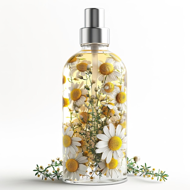 Photo beautiful chamomile infused linen spray isolated on white background