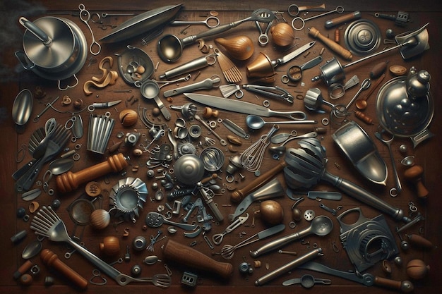 The beautiful chaos a captivating art displaying kitchen utensils on an empty wooden