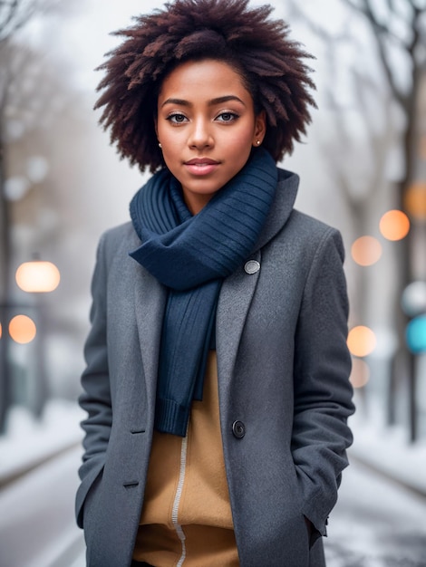 Beautiful charming black woman in light winter coatWinter snow urban city streetDigital creative designer fashion artAI illustration