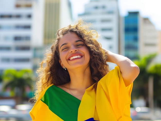 Beautiful Cheerful girl from brazil with brazilian flag colors city background