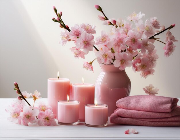 Beautiful Cherry Blossom Bouquet with Pink Candles in Vase on White Background