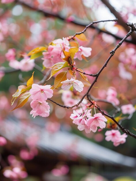 Beautiful Cherry Blossom Branch in Spring Delicate Pink Flowers and Fresh Green Leaves