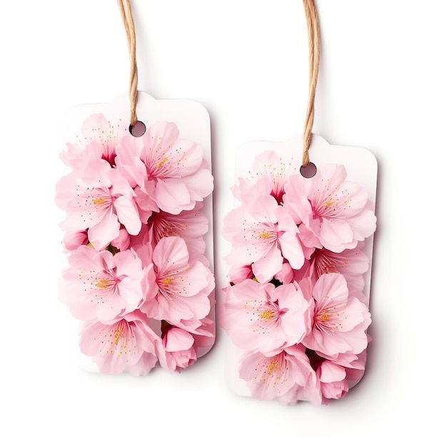 Photo beautiful cherry blossom gift tags isolated on white background