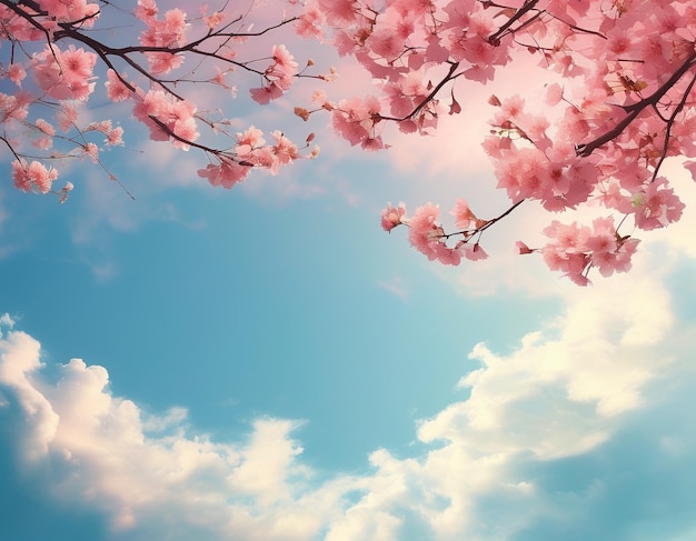 Photo beautiful cherry blossom or sakura tree branches on blue sky with copy space background in spring se