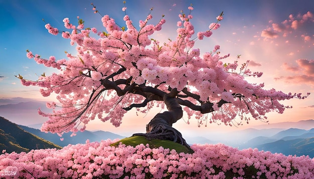 Beautiful cherry blossom tree with blue natural