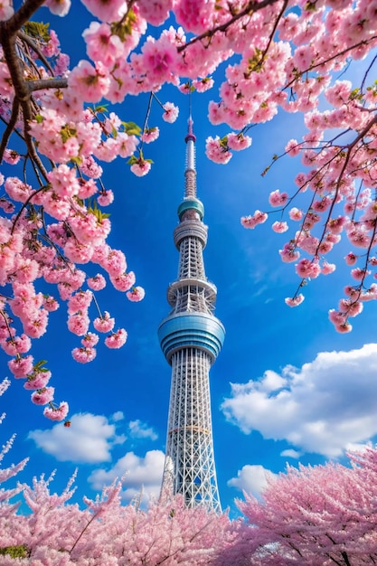 Photo beautiful cherry blossoms and tokyo skytree in spring tokyo