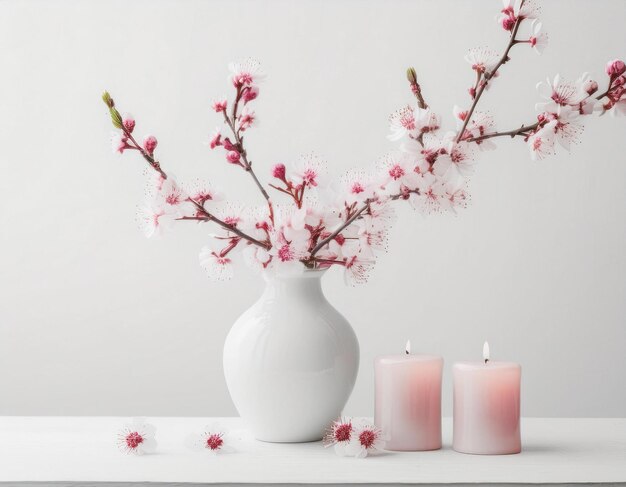 Beautiful Cherry Blossoms in Vase with Pink Candles on White Background