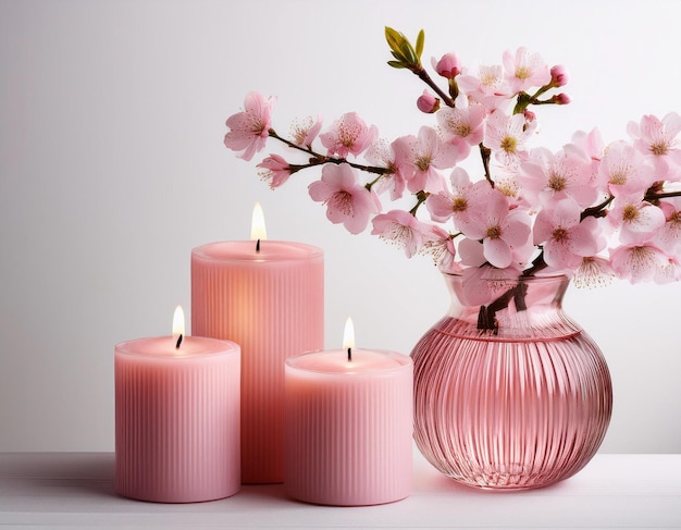 Beautiful Cherry Blossoms in Vase with Pink Candles on White Background