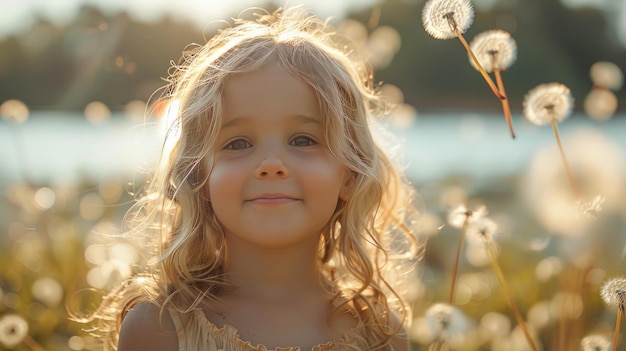 Beautiful child with dandelion flower in spring park Happy kid having fun outdoors