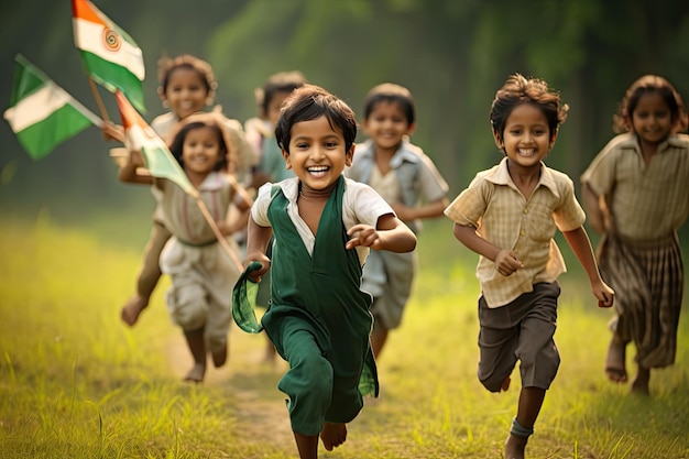 Beautiful children kids running with the indian flag