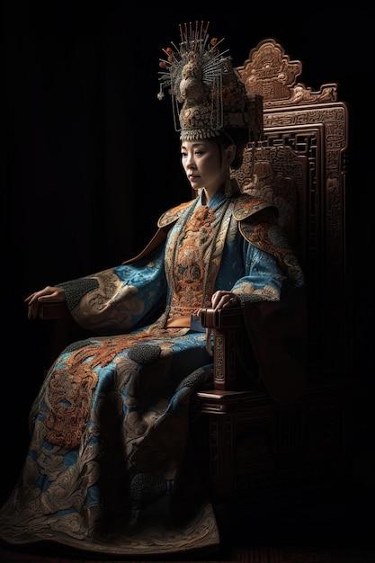 Beautiful Chinese empress wife of the emperor sitting on a throne 3d AI generation