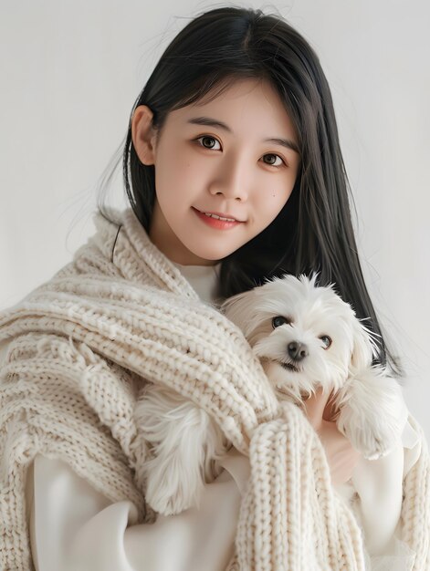 A beautiful Chinese girl holding a white Maltese dog