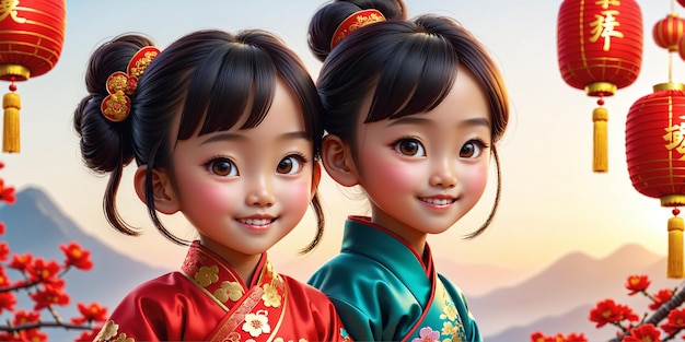 Beautiful Chinese New Year illustration with two smiling children dressed in national festive clothes with red sky lanterns and other holiday symbols Generative AI