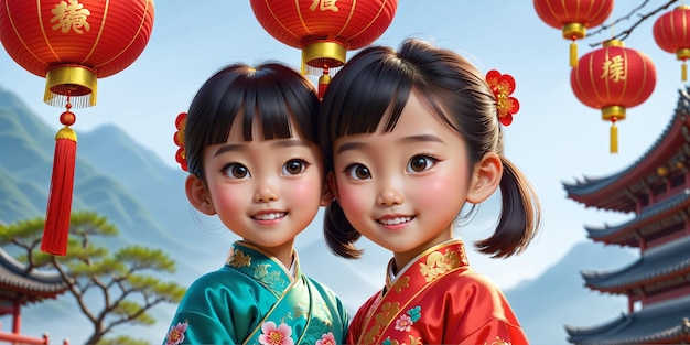 Beautiful Chinese New Year illustration with two smiling children dressed in national festive clothes with red sky lanterns and other holiday symbols Generative AI