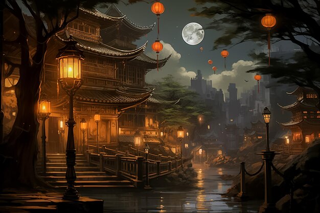 Beautiful Chinese pagoda at night with moon lanterns New Year or Mid Autumn festival Ai generated