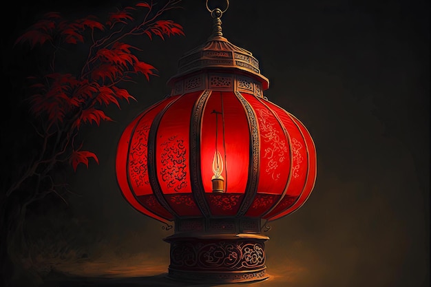 Beautiful Chinese red lantern with metal carved stand on wood