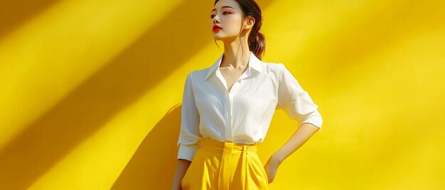 Photo beautiful chinese woman in white shirt and yellow pant