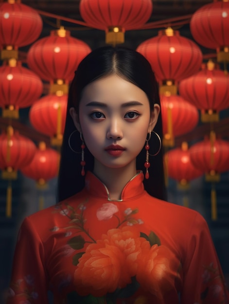 beautiful Chinese young girls make up model to advertise skin care with Chinese traditional dress