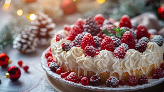 Beautiful christmas cake with berries sugar dusting and ornaments under soft lighting