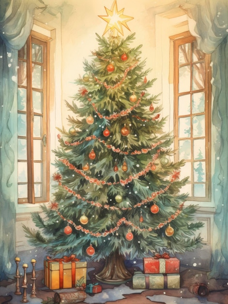 Beautiful Christmas card with a Christmas tree in the 19th century style watercolor