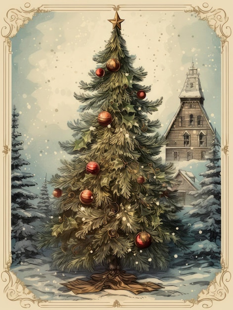 Beautiful Christmas card with a Christmas tree in the 19th century style