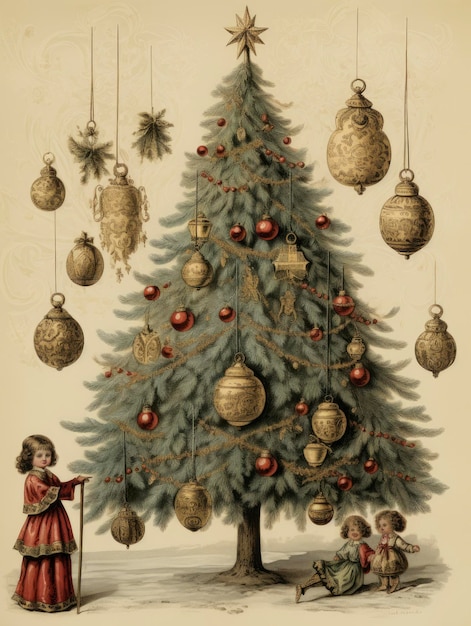 Beautiful Christmas card with a Christmas tree toys in the 19th century style