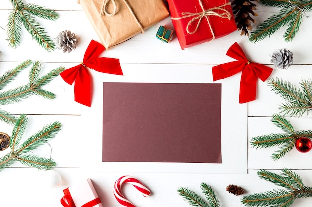 Beautiful Christmas composition on wooden white background