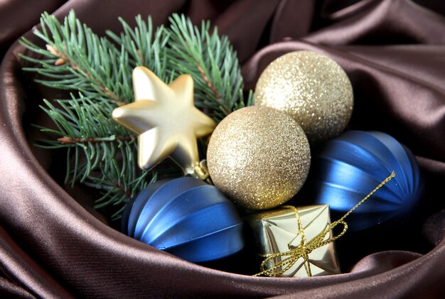 Beautiful Christmas decor on brown satin cloth