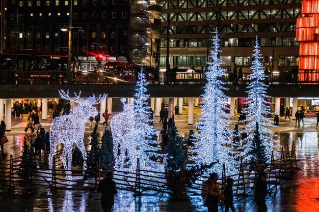 Beautiful Christmas Decorations Reindeer and Warm decorative lights in Stockholm, Sweden