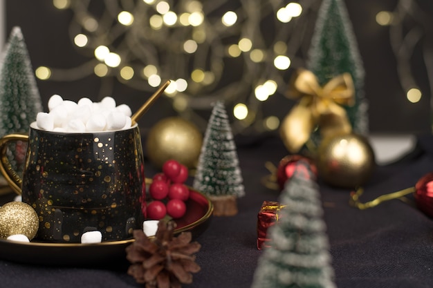 Beautiful Christmas decorations with a cup of hot chocolate