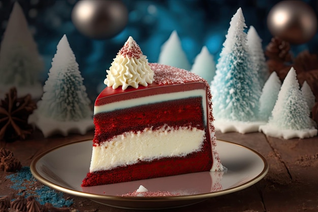 Beautiful christmas dessert in form of red velvet cake on thin cream layer created with generative a