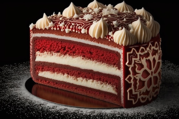 Beautiful christmas dessert in form of red velvet cake on thin cream layer created with generative a