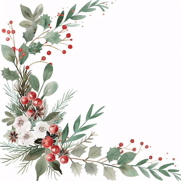 Photo a beautiful christmas garland featuring lush green leaves red berries and delicate flowers perfect for holiday decoration and adding festive touch to any space