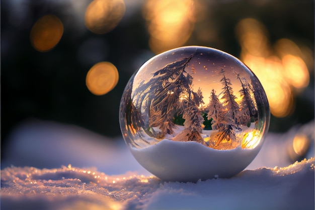 Beautiful christmas glass with ball on snow with blurred bokeh background 3D illustration