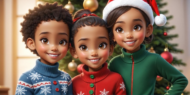 Beautiful Christmas illustration with three festively dressed smiling children with a decorated Christmas tree Generative AI