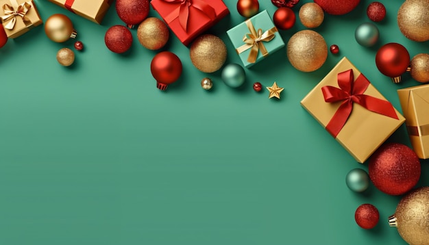 Beautiful Christmas ornaments and presents scattered on green background